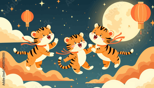 Cartoon Tigers Celebrate Lunar New Year on Clouds with Lanterns