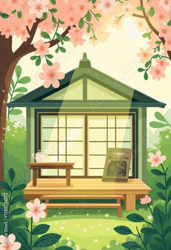 Cherry Blossoms Surround Japanese Tea House with Tablet