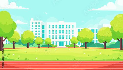 Cartoon University Campus with Running Track and Green Lawn