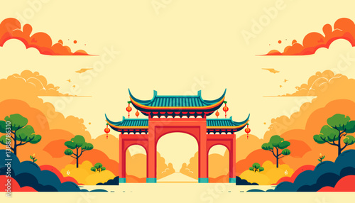 Chinese Gate with Lanterns, Clouds, and Trees