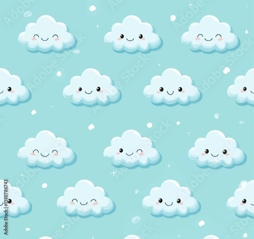 Cute smiling clouds pattern on blue background