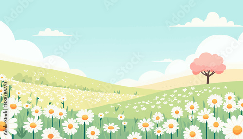 Daisy Field with Pink Tree and Rolling Green Hills