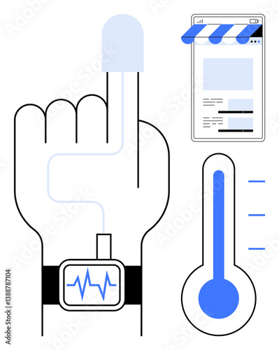 Finger with pulse sensor linked to smartwatch displaying heartbeat, thermometer, and smartphone. Ideal for telemedicine, fitness, healthcare, technology, remote monitoring, medical apps flat simple