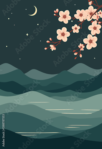 Floral branch over mountain lake at night with moon and stars