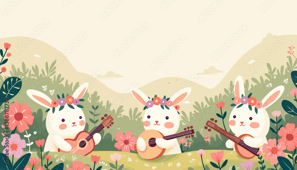 Naklejka premium Floral Crowned Bunnies Play Music in Meadow Illustration
