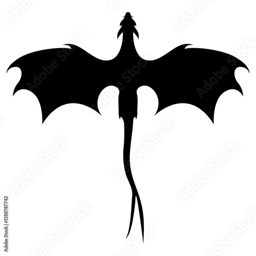 Scary Dragon Silhouette. Flying Dragon Mascot. Flat Vector Illustration