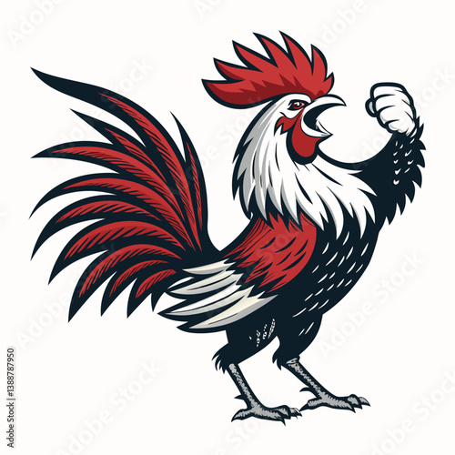 Create a bold, vector illustration of a rooster, poised and aggressive, ready to fight.  Include detailed comb, feathers, and sharp talons.