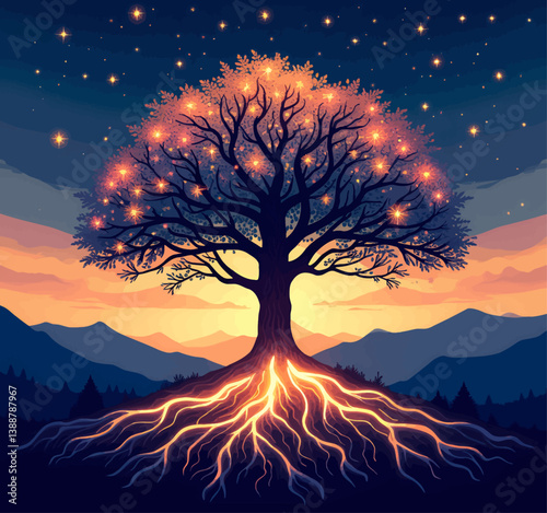 Glowing Tree Roots Under Starry Night Sky