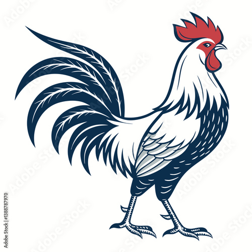 Create a bold, vector illustration of a rooster with sharp, defined features and strong, thick outlines.  Focus on a powerful and majestic pose.