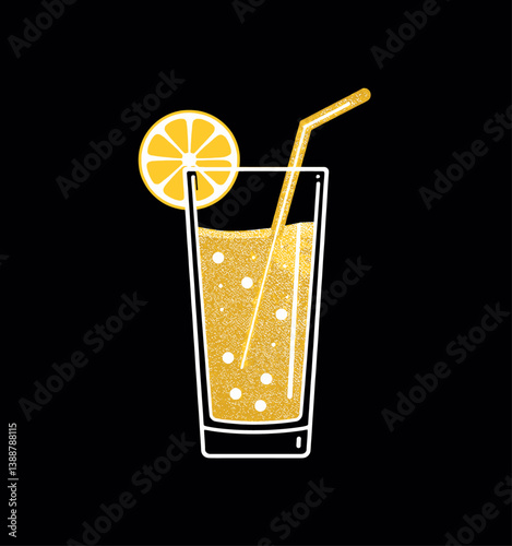 Golden lemonade drink with lemon slice and straw