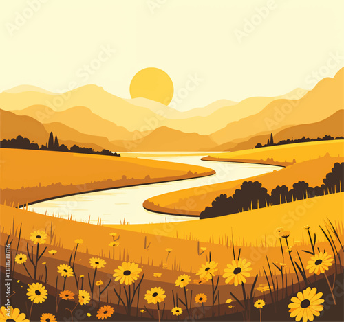 Golden River Valley with Daisies and Mountain Vista