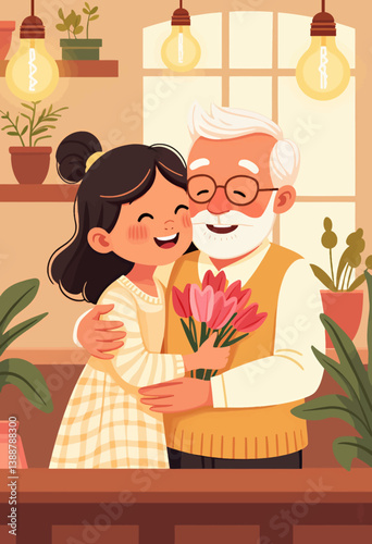 Granddaughter Hugging Grandfather with Tulips Indoors