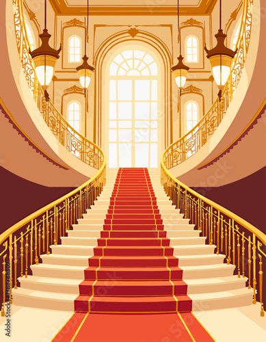 Grand Staircase with Red Carpet and Golden Railings