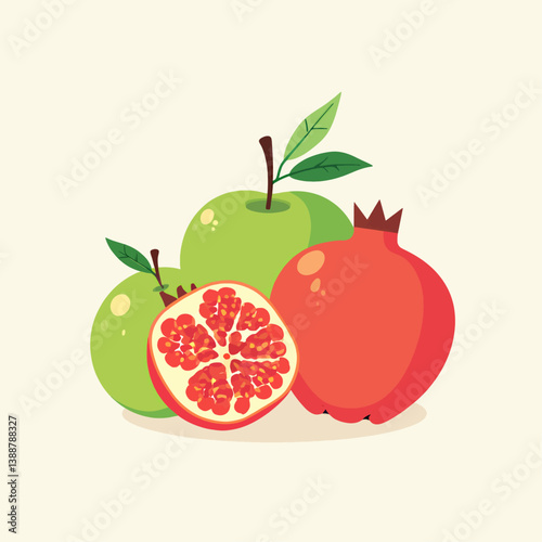 Green Apples and Pomegranate Still Life Illustration