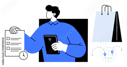 Man holding a tablet and checklist alongside a clock, shopping bags, and a globe with location markers. Ideal for e-commerce, delivery, logistics, time management, organization, shopping trends