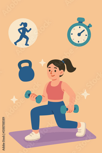 Woman working out with dumbbells" A woman is working out with dumbbells, surrounded by workout icons like a clock and a kettlebell.