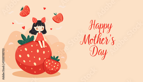 Happy Mother's Day with girl and strawberry illustration