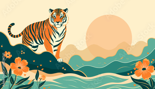 Illustration of a Tiger in a Floral Landscape with a Sun