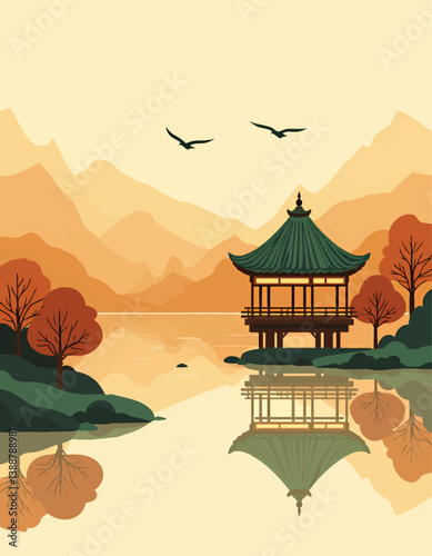 Korean pavilion reflecting on calm lake, mountains backdrop