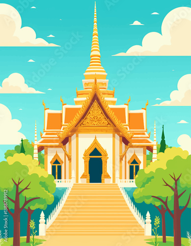 Ornate Thai temple with golden roof and staircase