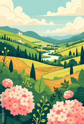 Pastoral Tuscany landscape with pink hydrangeas and cypress trees