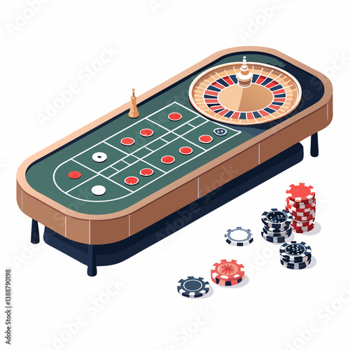 Create a bold, vector illustration of a roulette table, emphasizing its details with thick strokes.  Include the wheel, betting area, and chips.