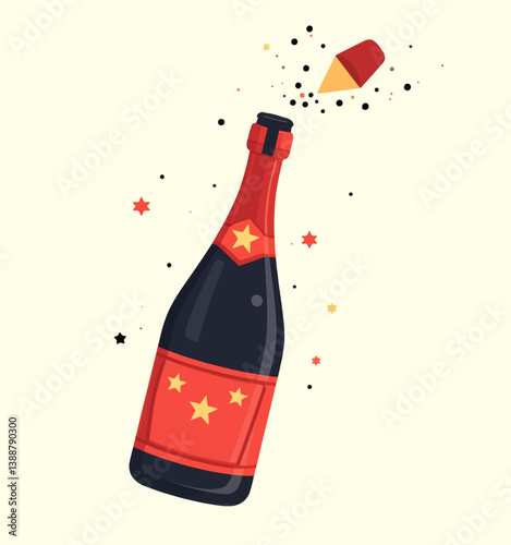 Popping champagne bottle with stars and confetti