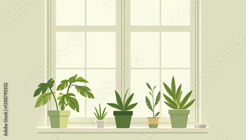 Potted plants on a windowsill, indoor gardening illustration