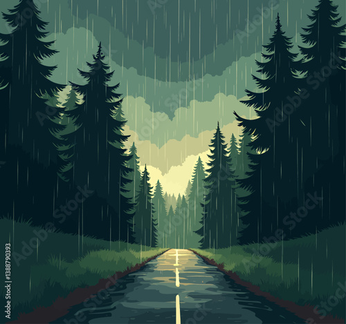 Rainy Road Through Evergreen Forest Landscape