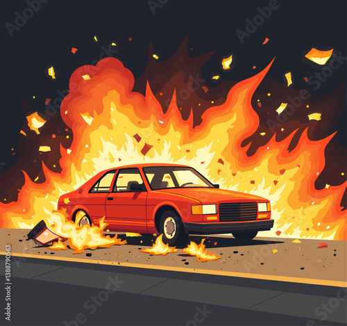 Red Car Engulfed in Flames on Roadway