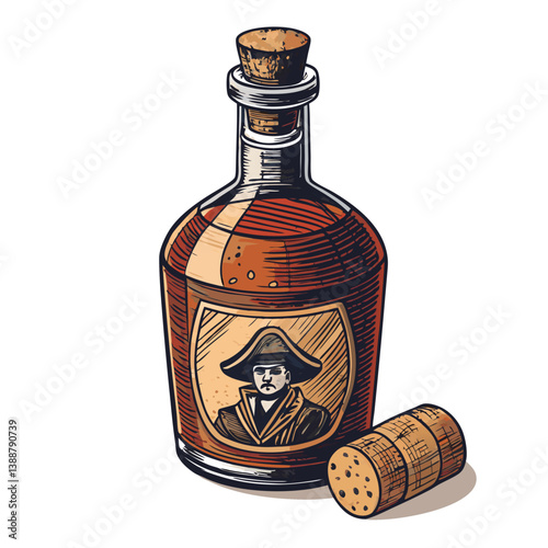 Create a bold, vector illustration of a rum bottle with a pirate skull and crossbones label.  High detail, clean lines.