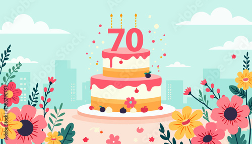 Seventieth Birthday Cake with Flowers and Cityscape