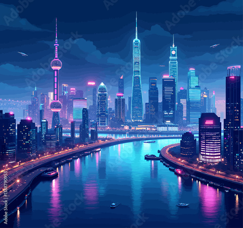 Shanghai Skyline at Night with Neon Lights and River