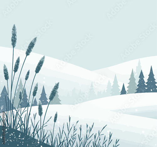 Snowy Hillside with Grass and Evergreen Trees