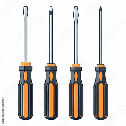 Create a vector illustration of a bold-stroked screwdriver set, featuring various sizes and types, with a clean, modern aesthetic.