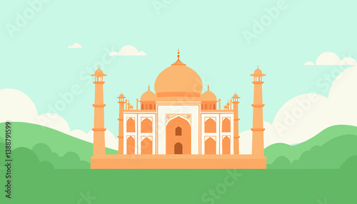 Taj Mahal Illustration, India Landmark, Peach Tones