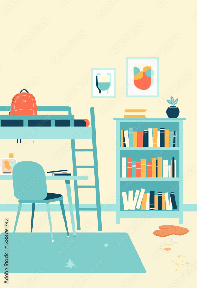 Teen bedroom with loft bed, desk, and bookshelf Teen bedroom with loft bed, desk, and bookshelf