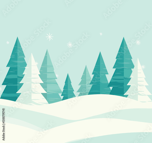 Wallpaper Mural Teal winter landscape with snow-covered hills and pine trees Torontodigital.ca
