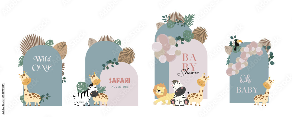 Naklejka premium Boho backdrop element object with balloons and paper palm leaves