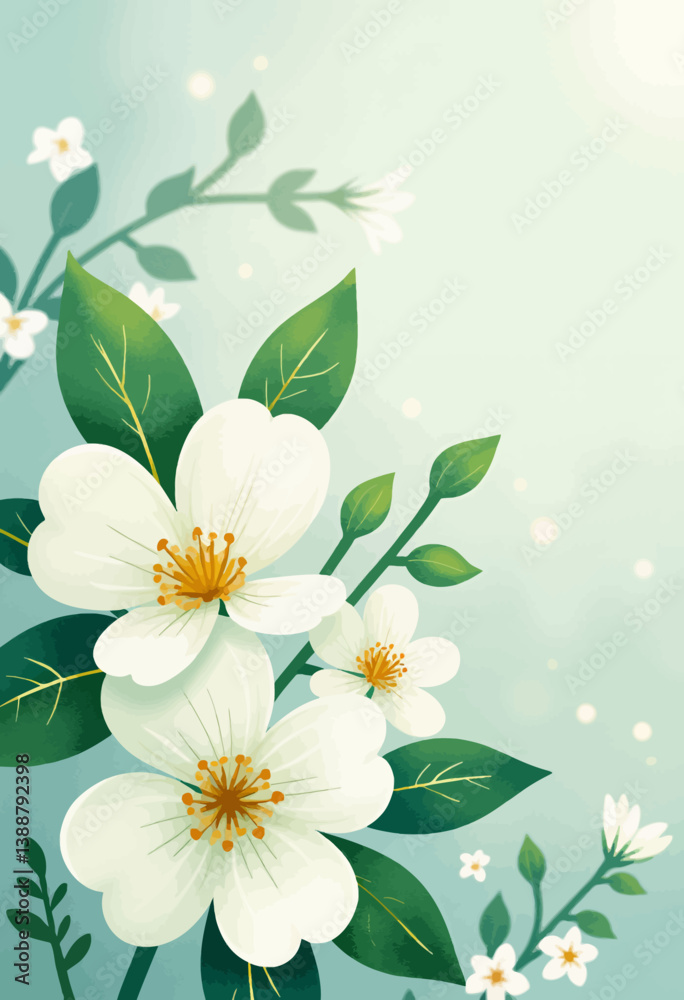 Obraz premium White Dogwood Flowers with Green Leaves on Light Blue