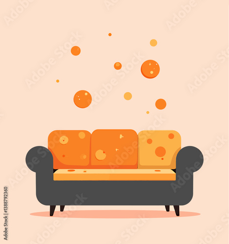 Whimsical Orange Couch with Floating Spheres