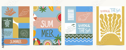 Summer geometric background with shell,turtle,wave. graphic for a4 vertical design