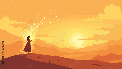 Woman on Hill with Magical Light at Sunset
