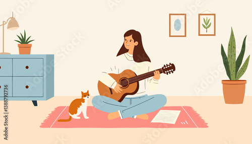 Woman plays guitar with cat in cozy room illustration