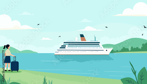 Woman with luggage looking at cruise ship on sea, travel concept