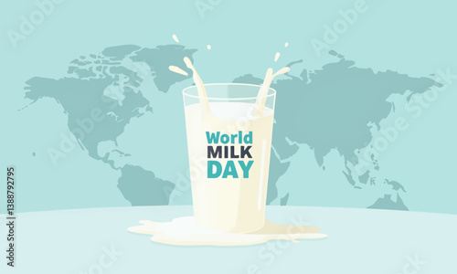 World Milk Day glass with splash, map background