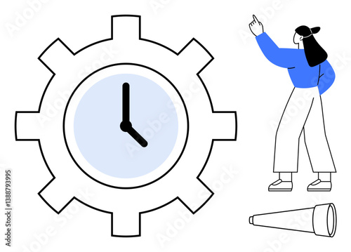 Gear-themed clock symbolizes time management, woman pointing reflects planning, telescope represents vision and focus. Ideal for productivity, future planning, efficiency, teamwork, goal setting