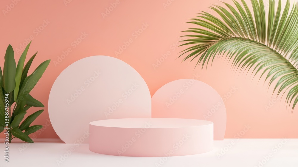 Fototapeta premium Minimalist Pink Podium Display with Tropical Plants