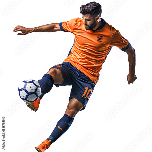  A male soccer player kicking the ball wearing an orange and navy blue jersey in a fullbody shot against a Transparent background PNG