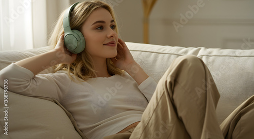 Peaceful young woman enjoys a serene moment, lounging while immersed in music through her comfortable over-ear headphones.